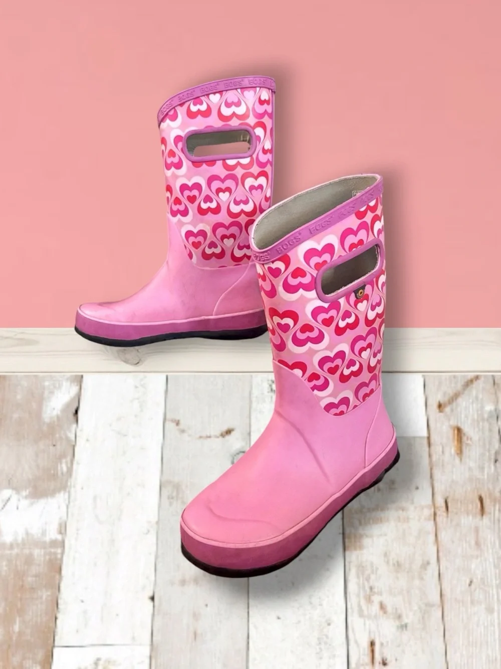 Bogs Girls Rain Boots Waterproof Pink Heart Size 3 VGUC ☔️